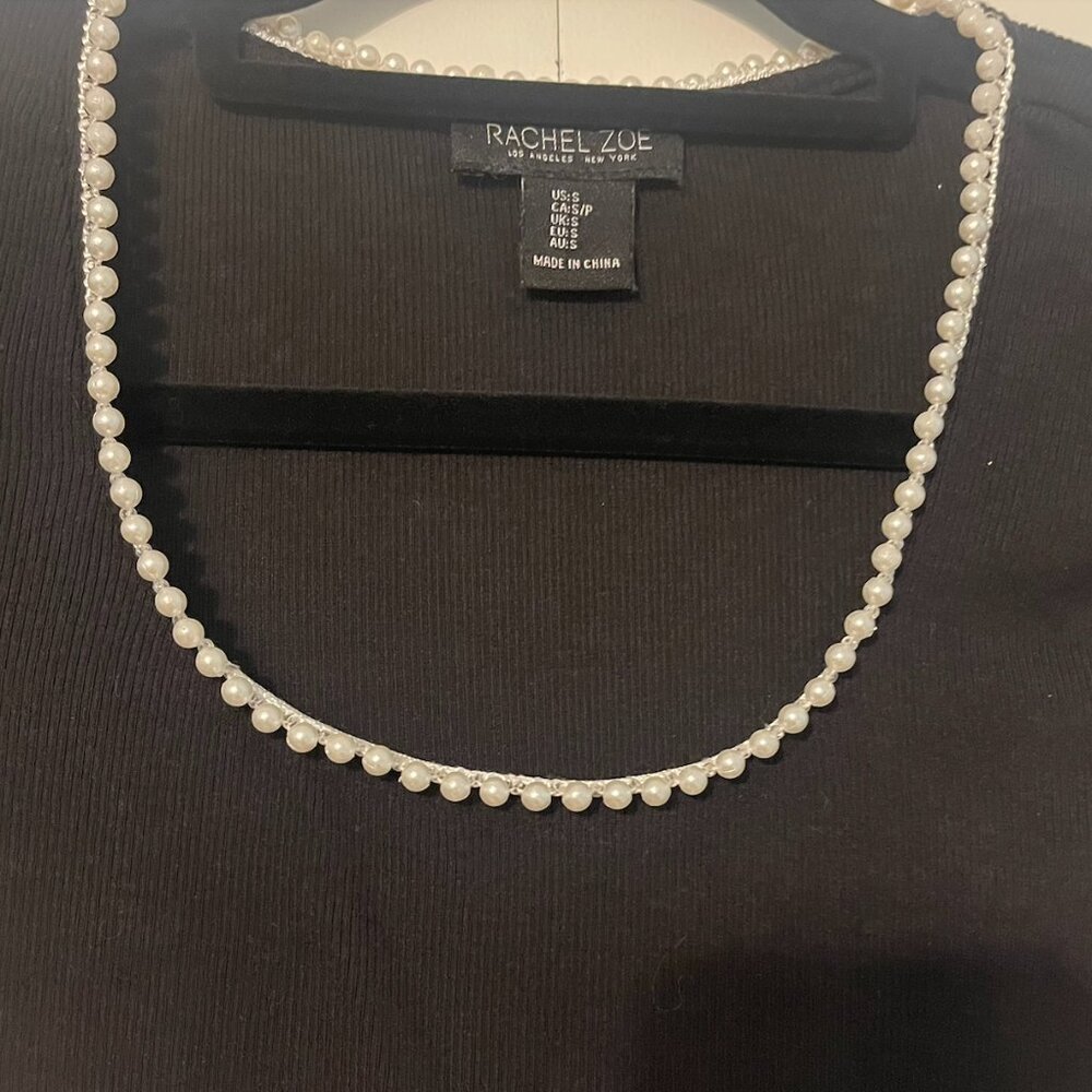 Black Ribbed Short Sleeve Top with Pearl Neckline - Picture 2 of 5